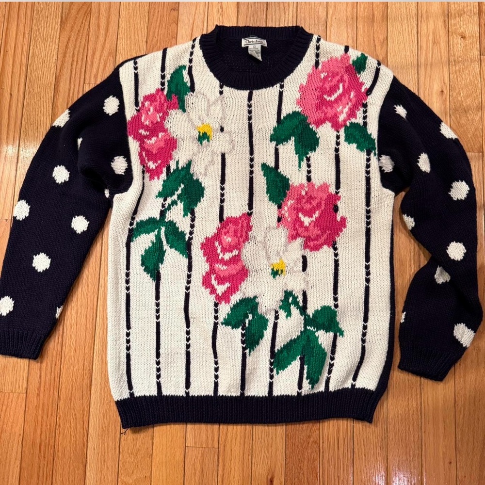 Floral Patterned Sweater - Navy and Pink, Polka Dot Sleeves Romantic Spring